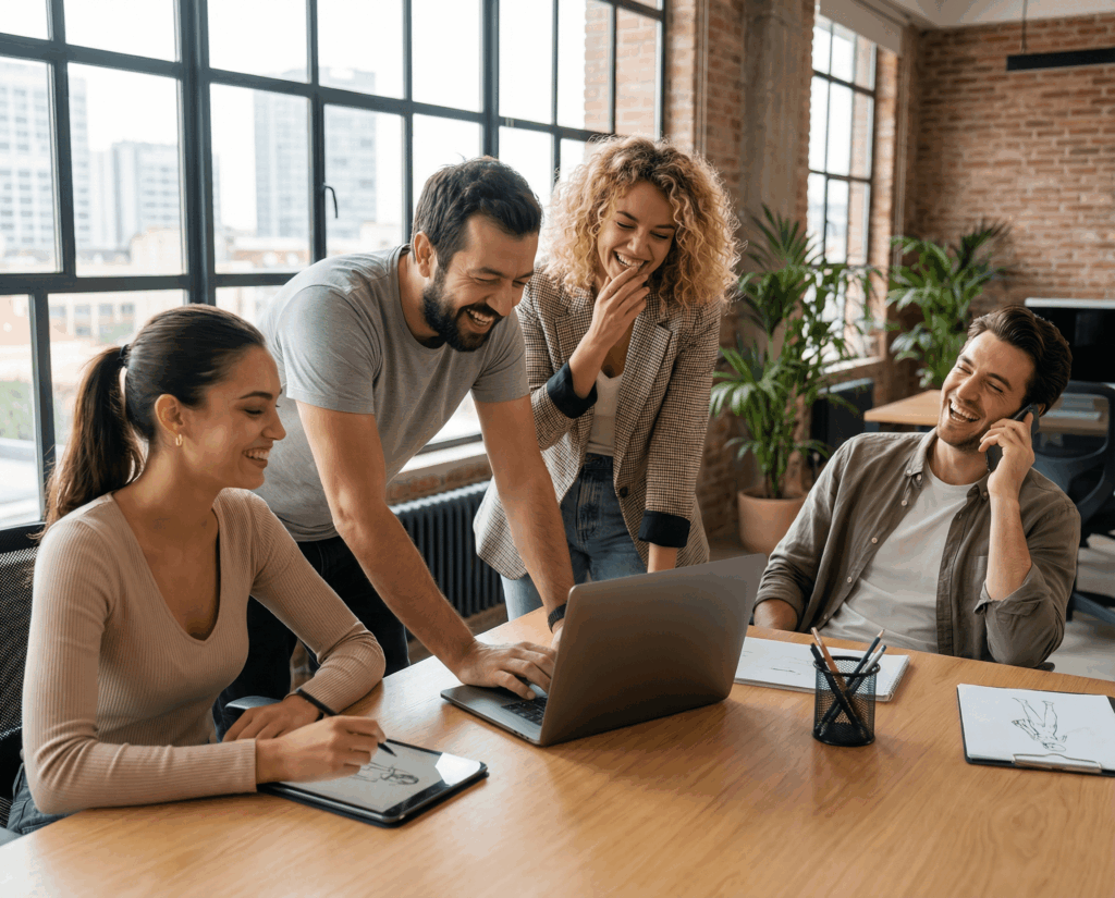 @joko hartmann with two 26 year old women and one 28 year old men in a office working with smiling and laughing