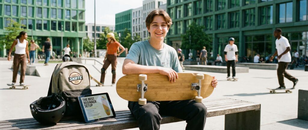 Junge mit Skateboard in der Hand
